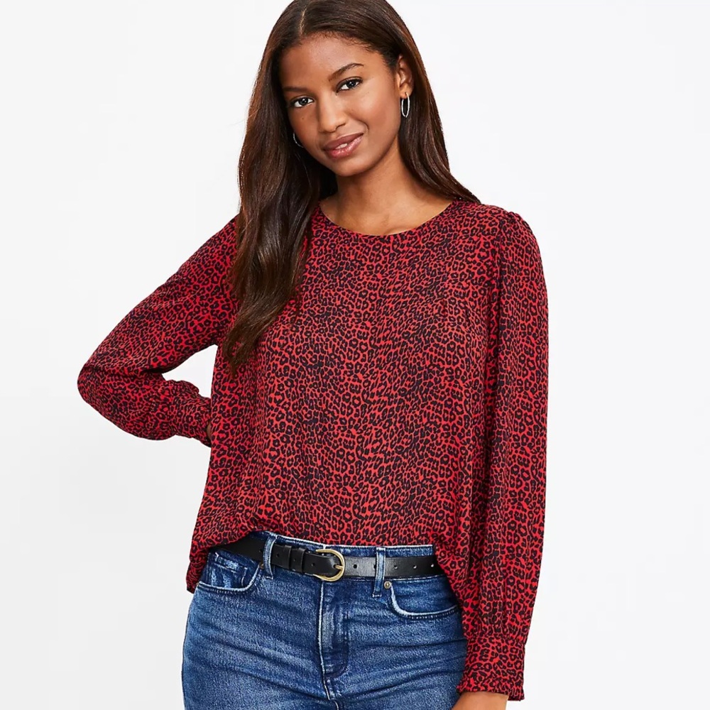 Loft Red Leopard Print Women's Top Medium M